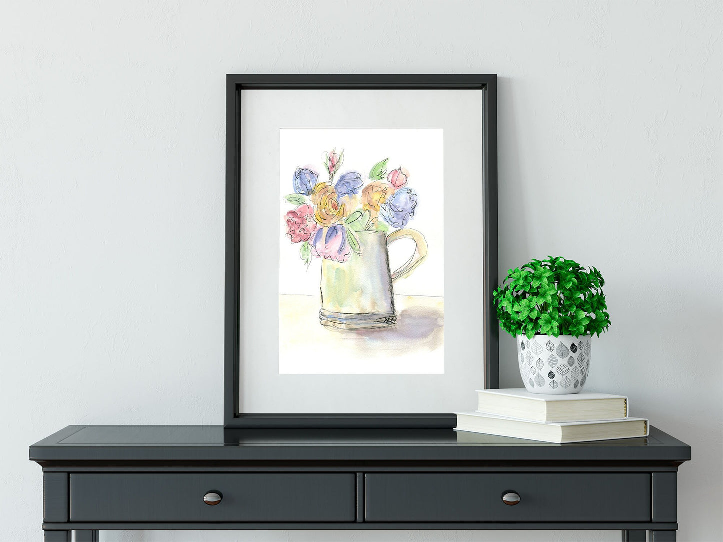 Flower bouquet in a water pitcher watercolor painting 9x12, pastel-colored flowers watercolor wall art, still life botanical painting