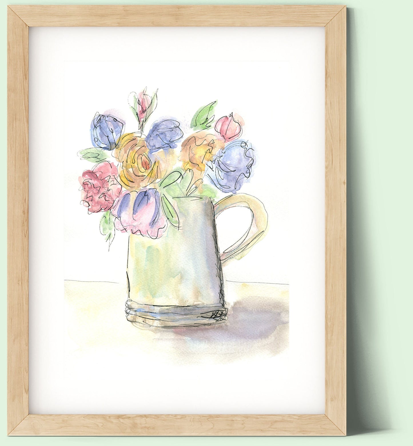 Flower bouquet in a water pitcher watercolor painting 9x12, pastel-colored flowers watercolor wall art, still life botanical painting