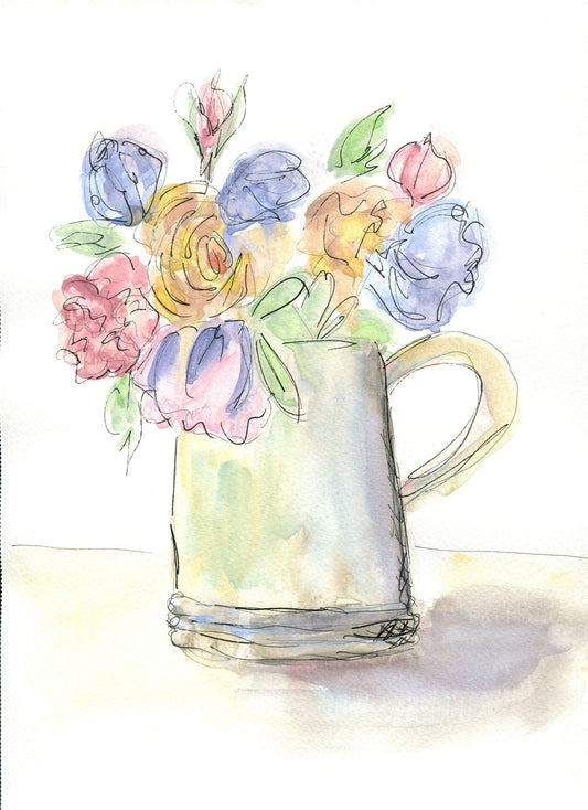 Flower bouquet in a water pitcher watercolor painting 9x12, pastel-colored flowers watercolor wall art, still life botanical painting