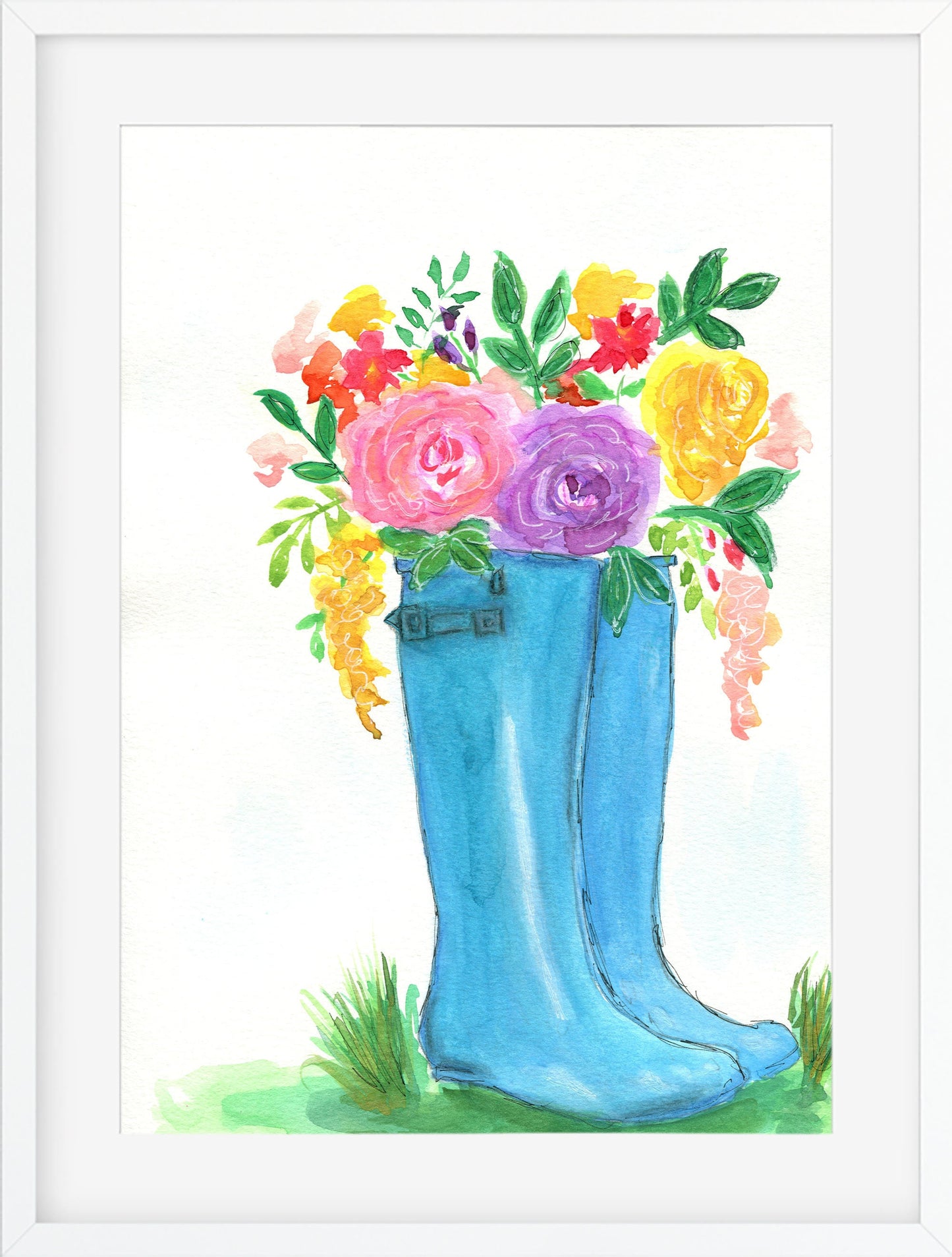 Blue rain boots with flowers watercolor painting 9x12, hand painted rainy day wall art, happy office wall decor