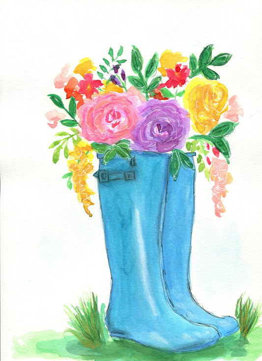 Blue rain boots with flowers watercolor painting 9x12, hand painted rainy day wall art, happy office wall decor