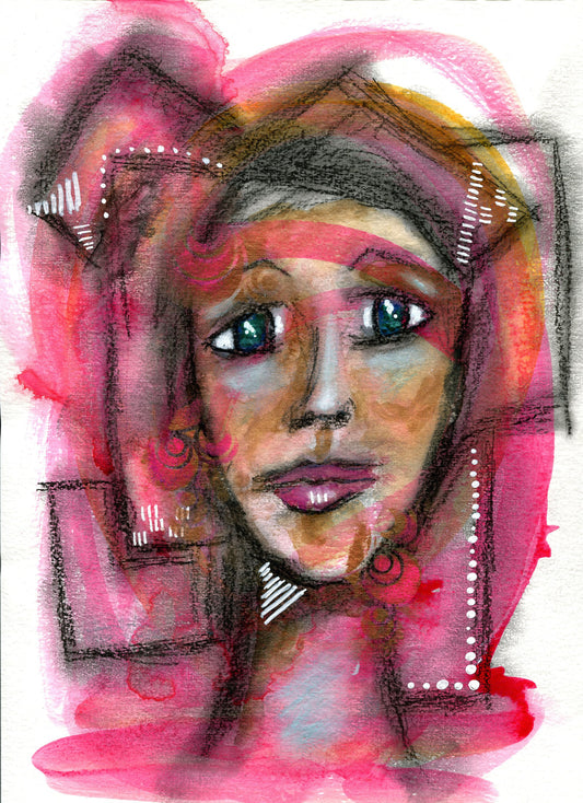 Expressive female face mixed media painting on paper 9x12, funky hot pink portrait of a woman watercolor