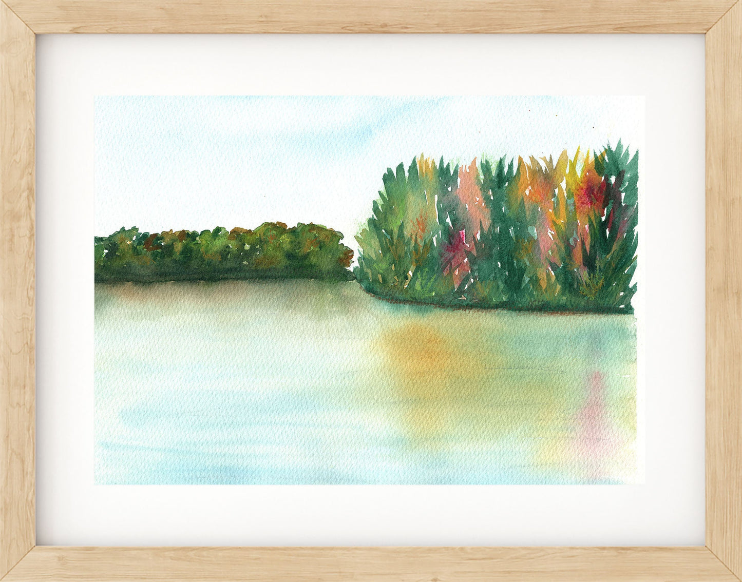 Tropical lake watercolor painting 9x12, autumn leaf painting, fall foliage landscape original watercolor