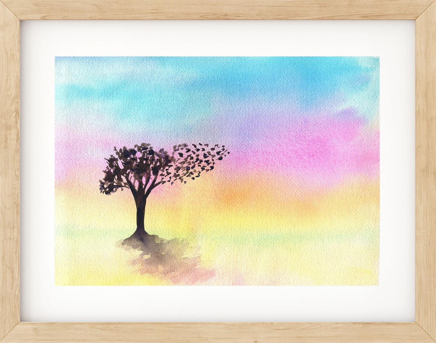 Tree and birds in a rainbow sky original watercolor painting 9x12, mystical tree wall art