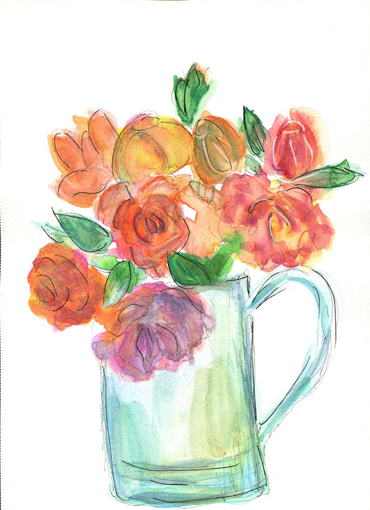 Flower bouquet in a water pitcher watercolor painting 9x12, line and wash style flowers watercolor, still life botanical painting