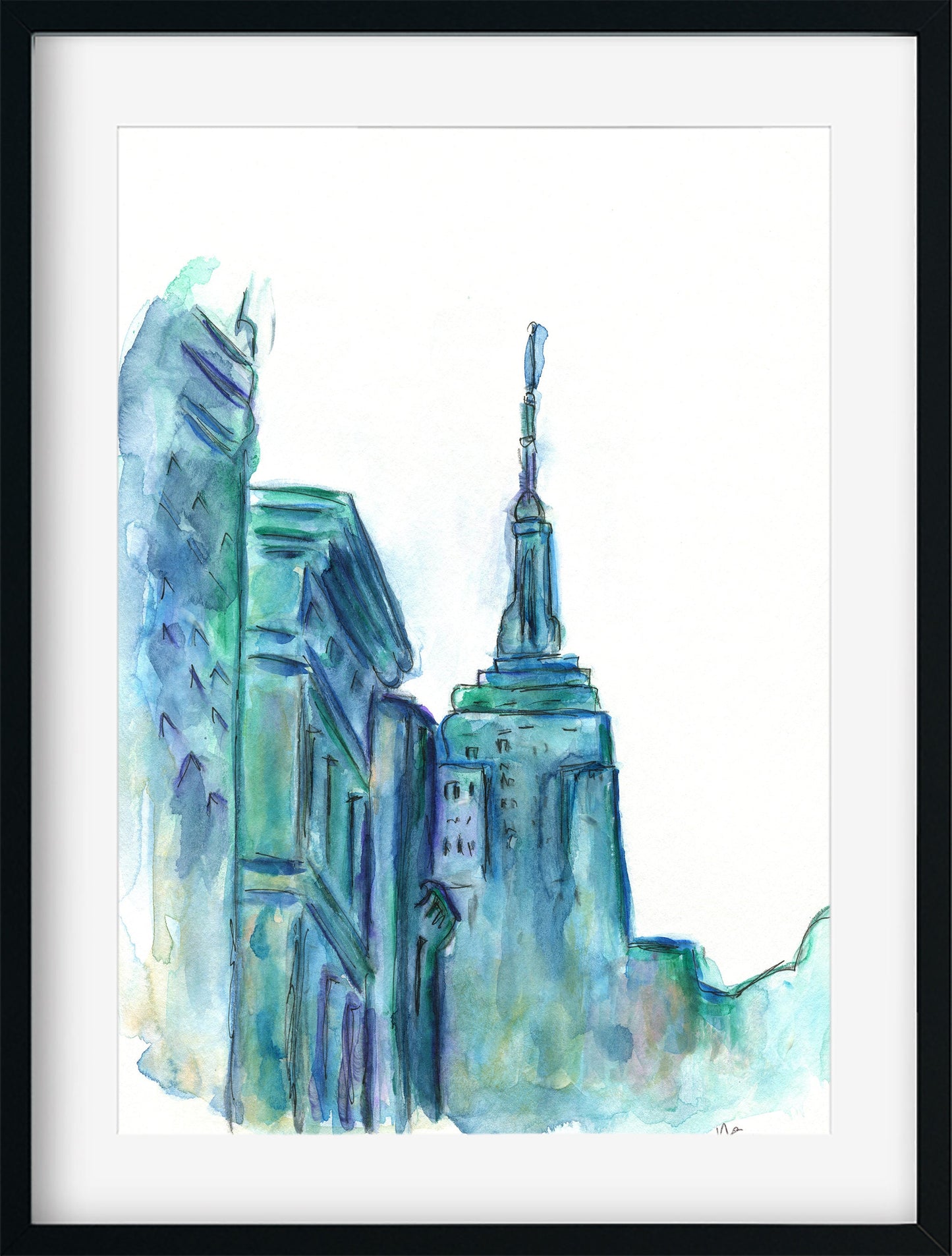 City scape watercolor painting 9x12, abstract big city wall art, New York city artwork