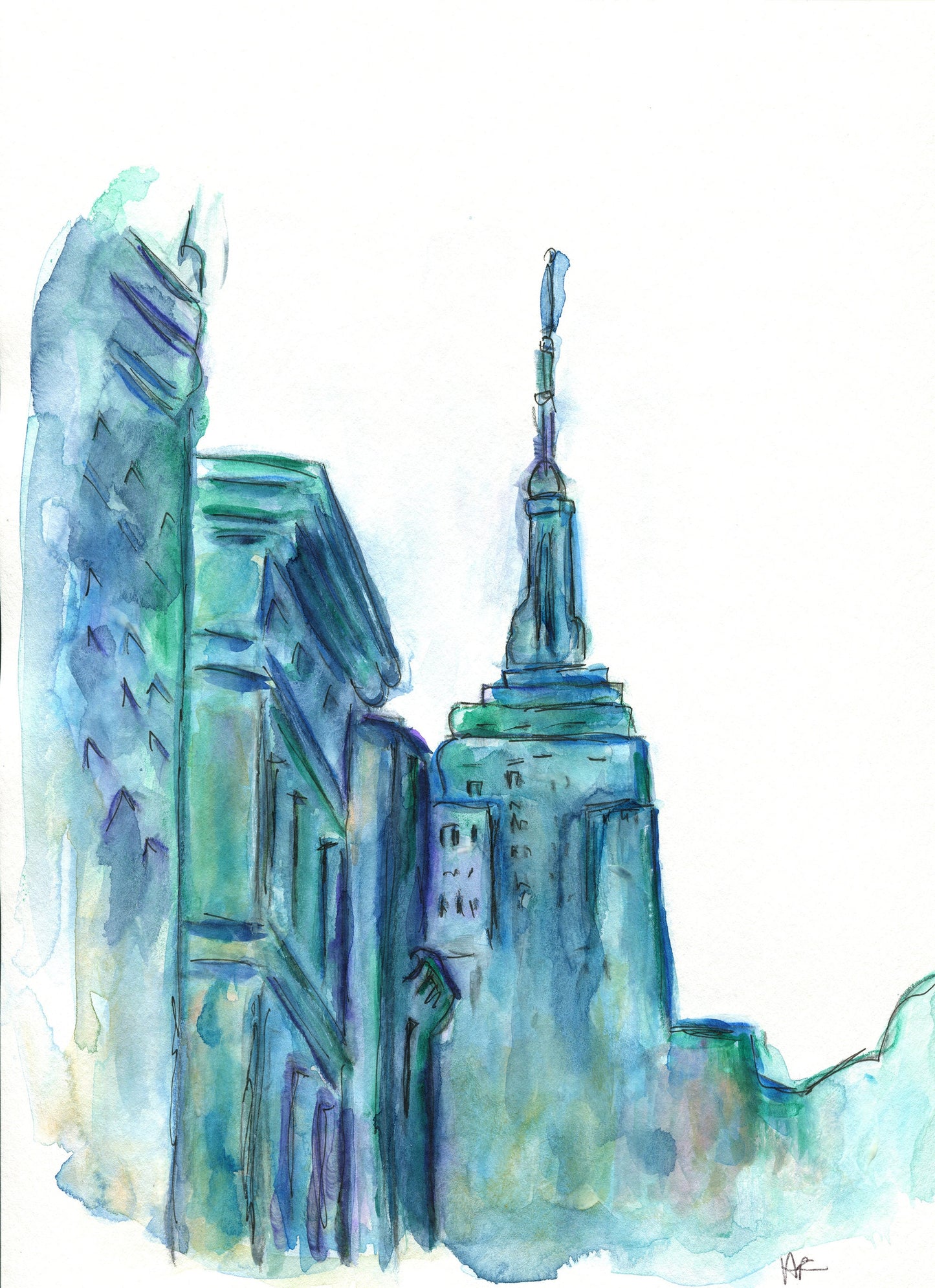 City scape watercolor painting 9x12, abstract big city wall art, New York city artwork