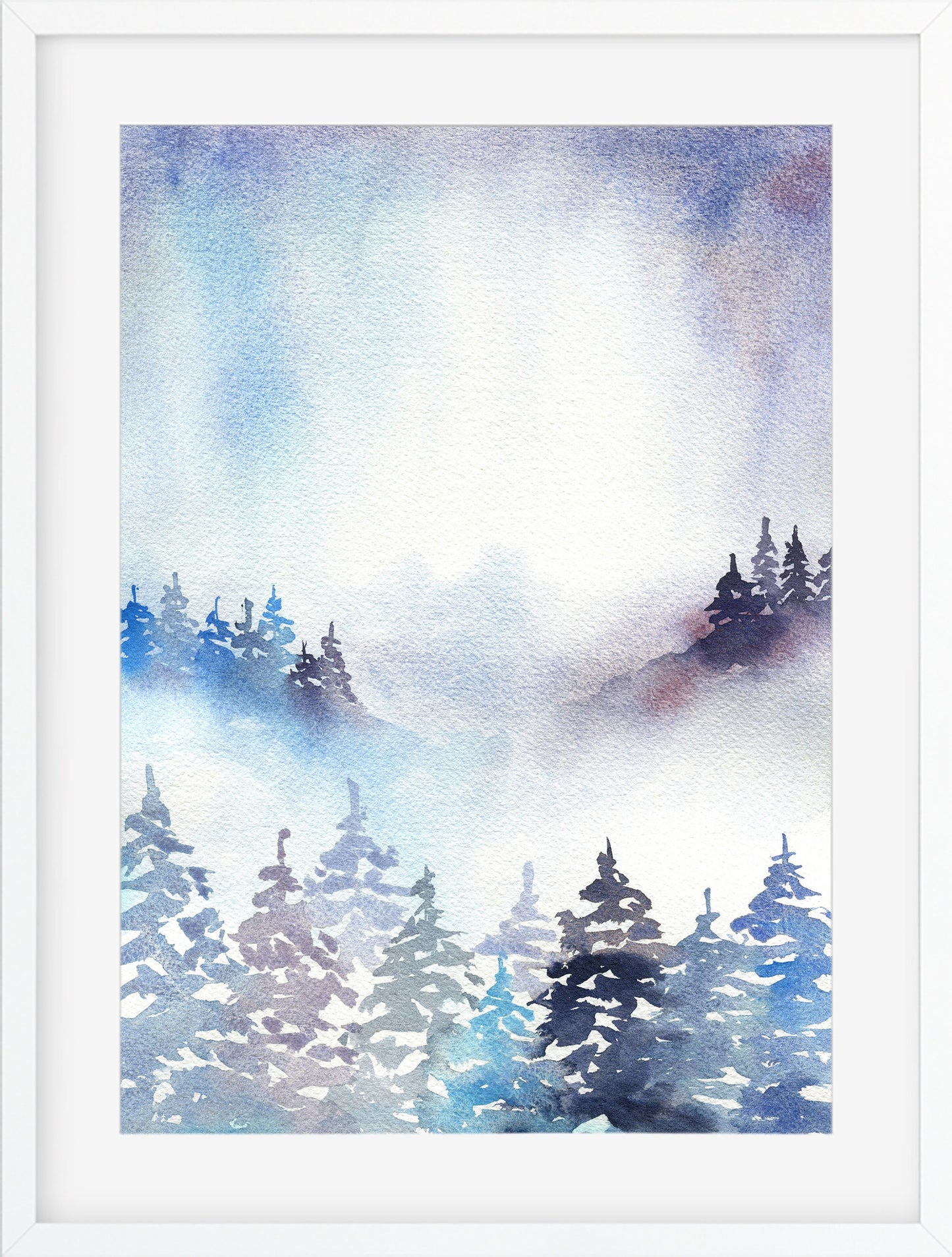 Misty forest original watercolor painting 9x12, purple and blue colored foggy mountains landscape painting wall art