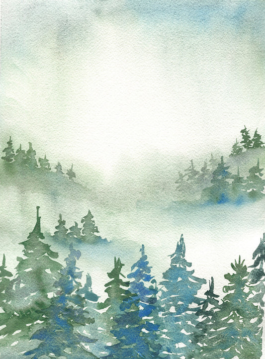 Misty forest original watercolor painting 9x12, green colored foggy mountains landscape painting wall art