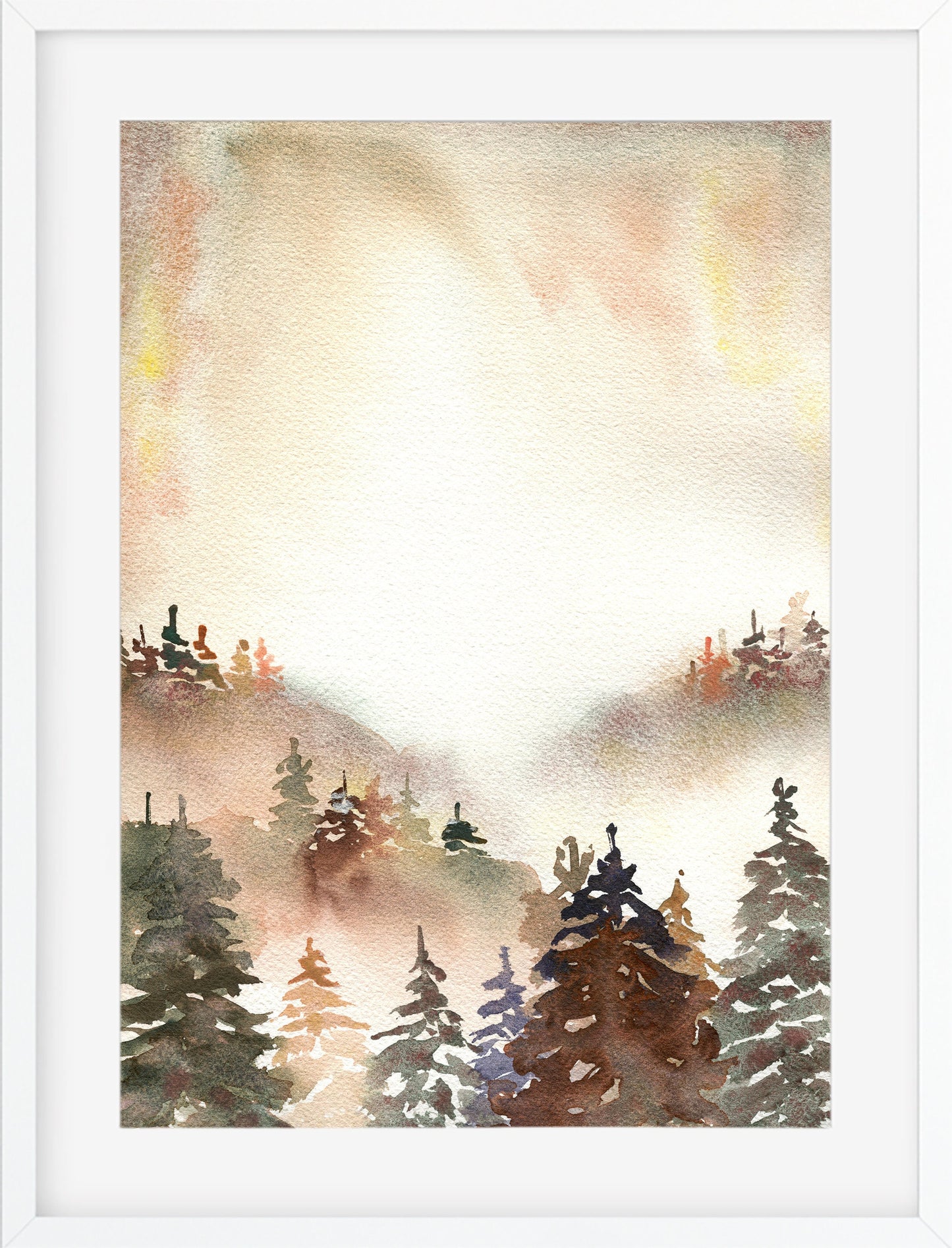 Misty forest original watercolor painting 9x12, brown and rust colored foggy mountains landscape painting wall art