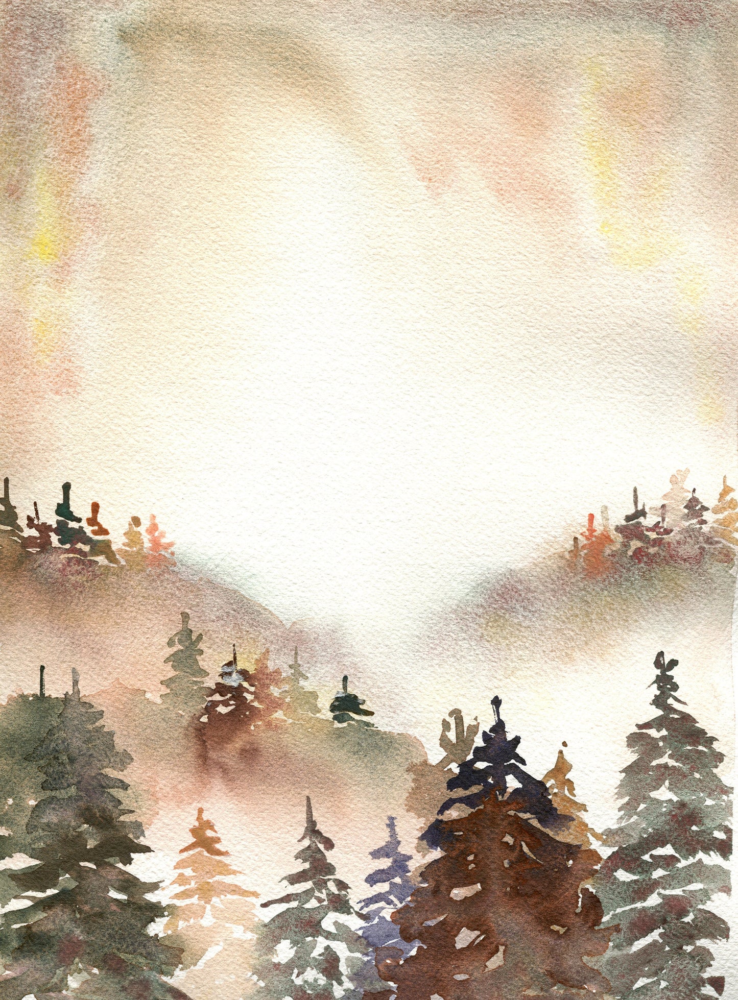 Misty forest original watercolor painting 9x12, brown and rust colored foggy mountains landscape painting wall art