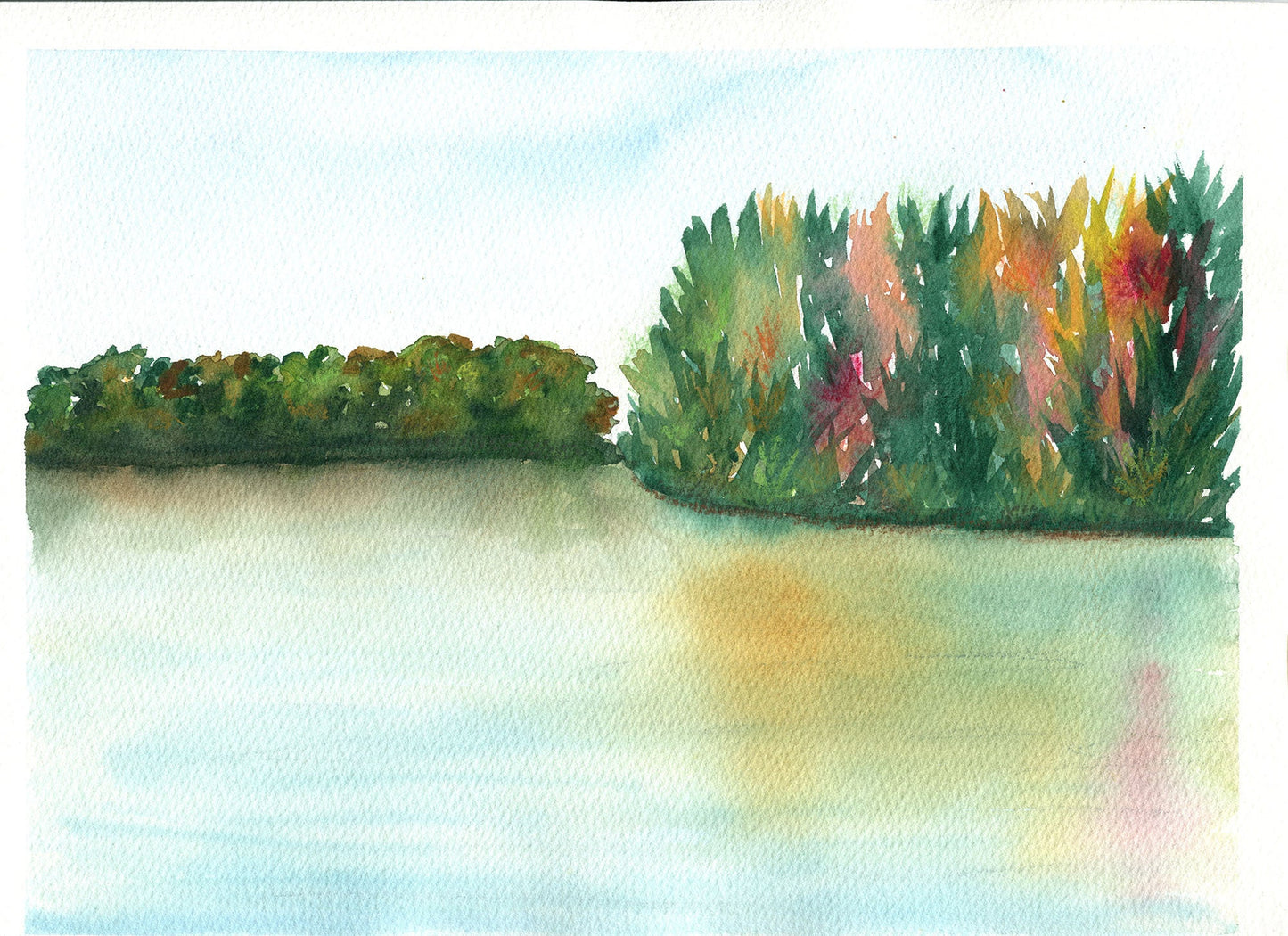 Tropical lake watercolor painting 9x12, autumn leaf painting, fall foliage landscape original watercolor