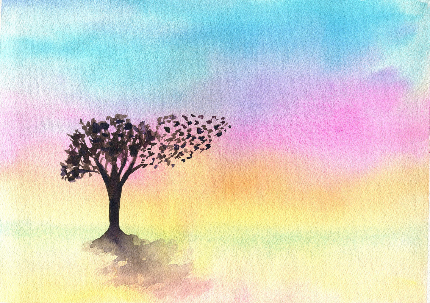 Tree and birds in a rainbow sky original watercolor painting 9x12, mystical tree wall art