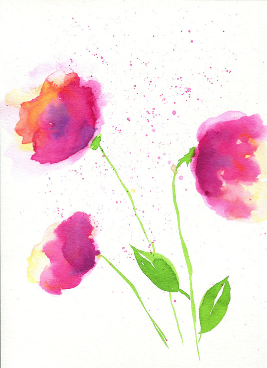 Abstract poppy original watercolor painting 9x12, botanical nursery wall art, bold color floral art