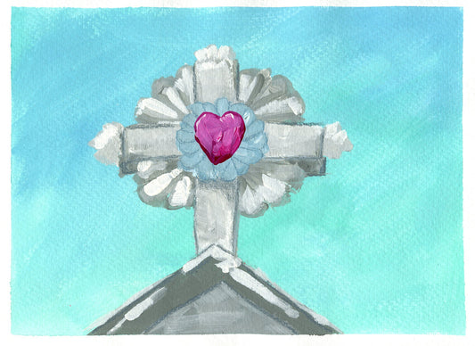 Church steeple cross original hand painted acrylic painting on paper 9x12, original artwork, religious wall decor