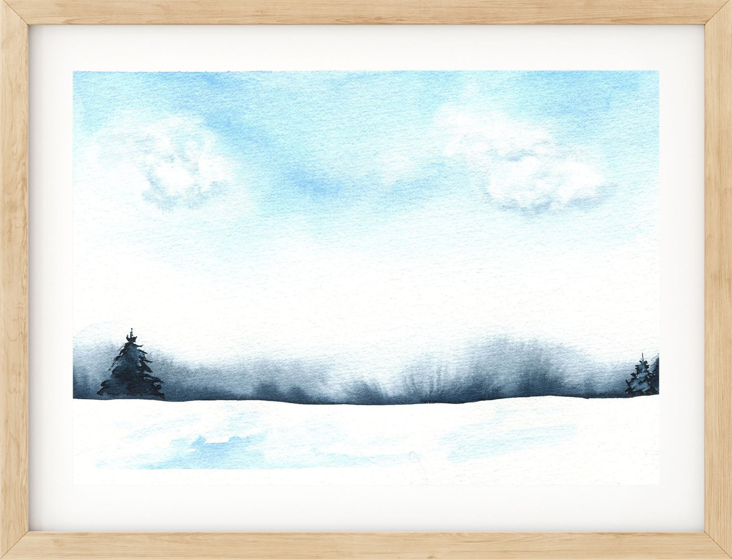 Cloudy winter day watercolor landscape hand painted painting 9x6, snowy landscape original watercolor wall art