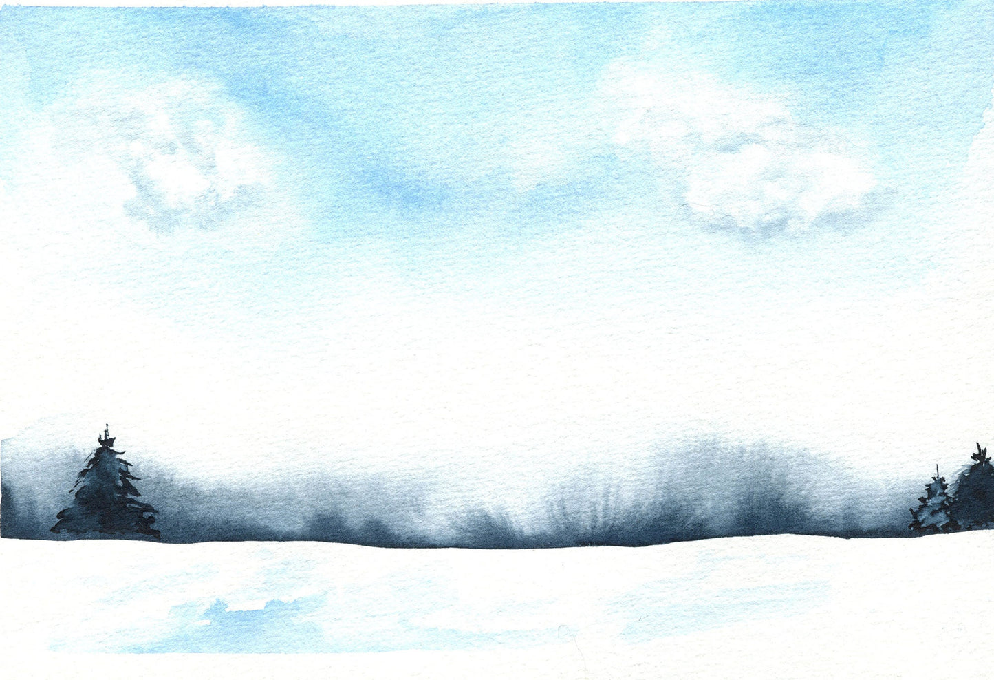 Cloudy winter day watercolor landscape hand painted painting 9x6, snowy landscape original watercolor wall art