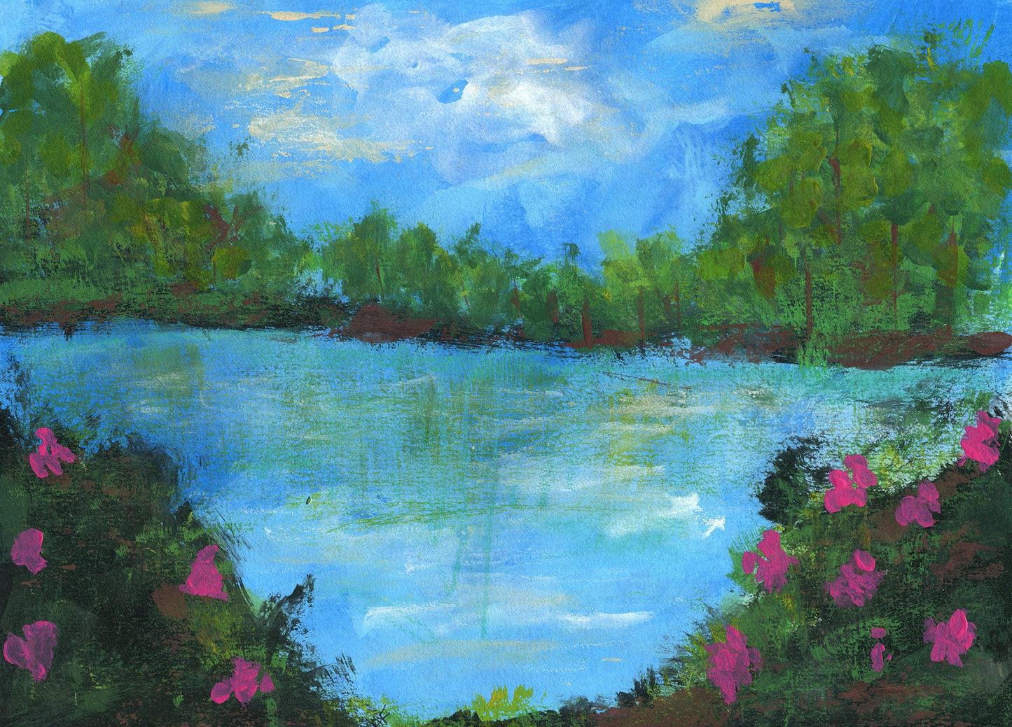 Abstract lake landscape painting on paper 9x12, vibrant wall hanging, hand painted original artwork