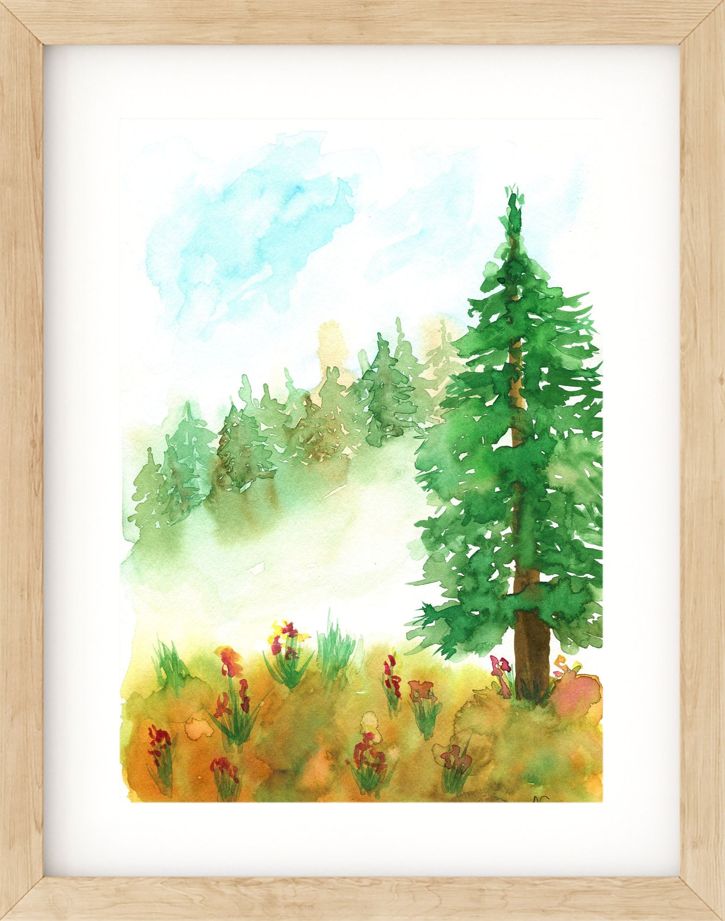 Evergreen forest and red wildflower hand painted watercolor painting 9x12, original wilderness landscape watercolor painting