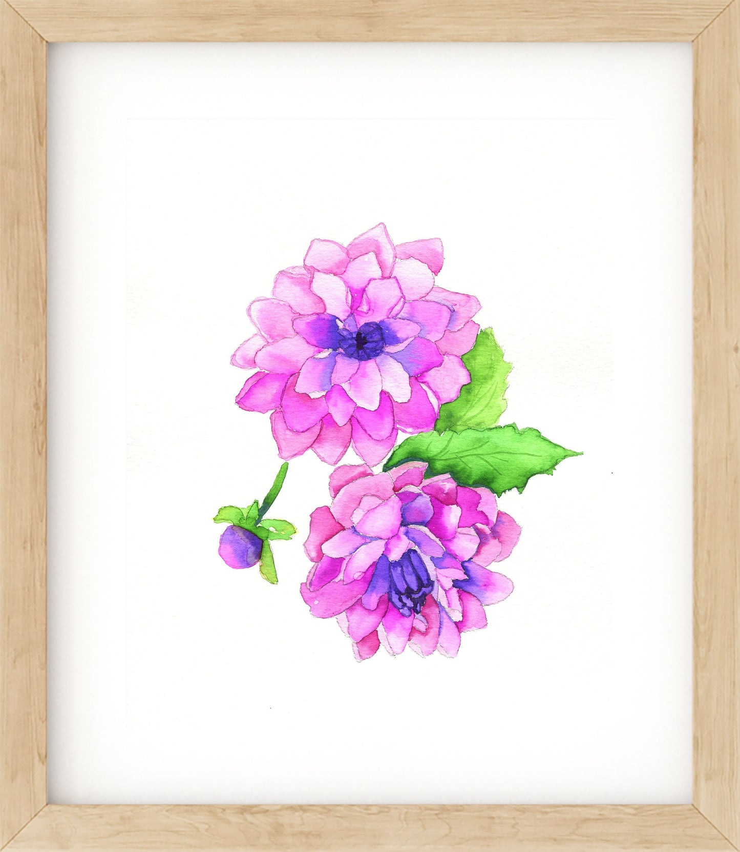 Pink dahlias hand painted watercolor painting 8x10, original botanical artwork, pink and purple flower wall art