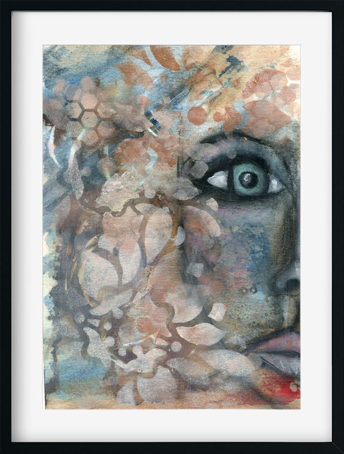 Expressive female portrait hand painted mixed media on paper 9x12, eclectic funky wall art, feminine face painting