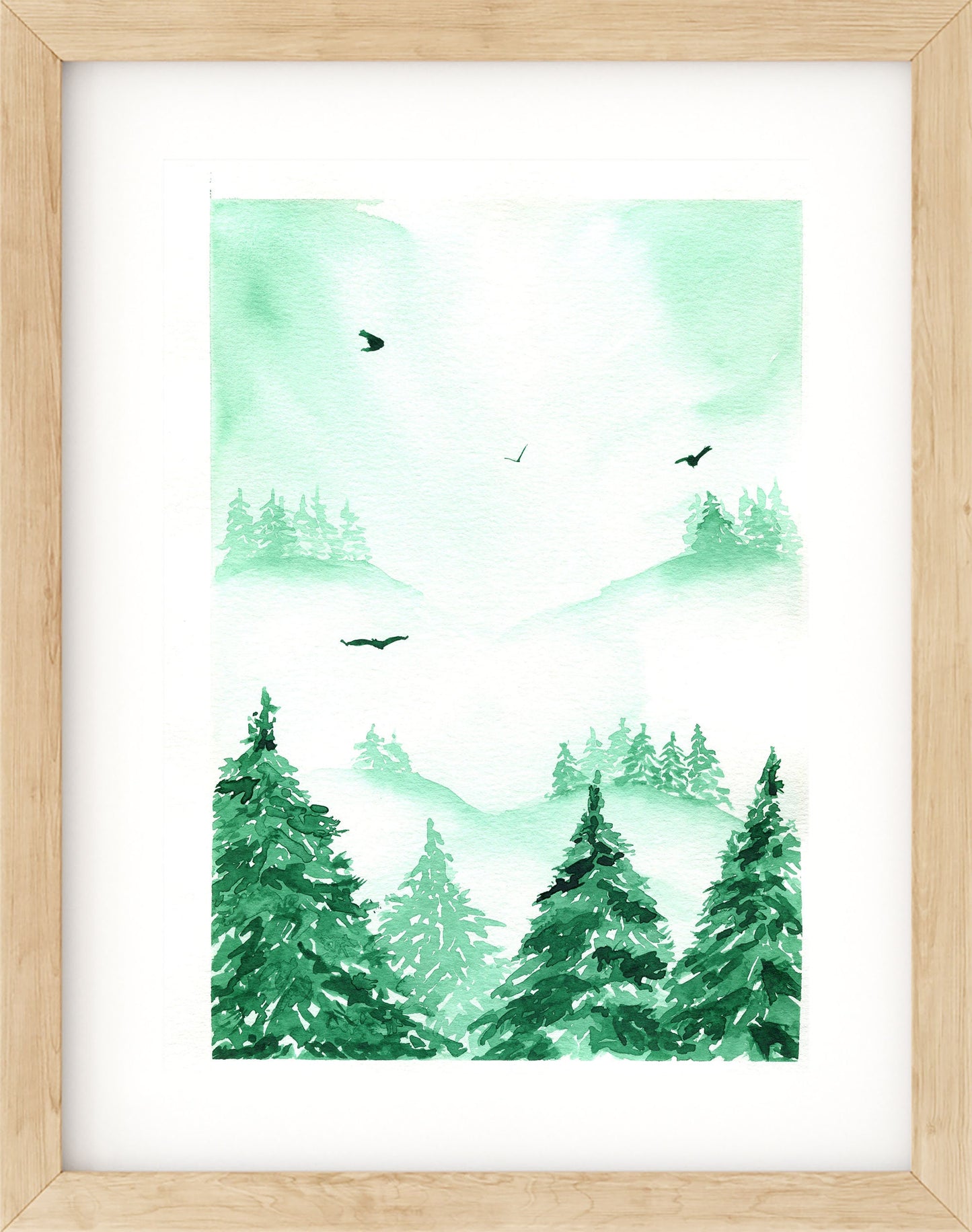 Green foggy misty forest watercolor hand painted original painting 9x12, winter mountain landscape watercolor painting