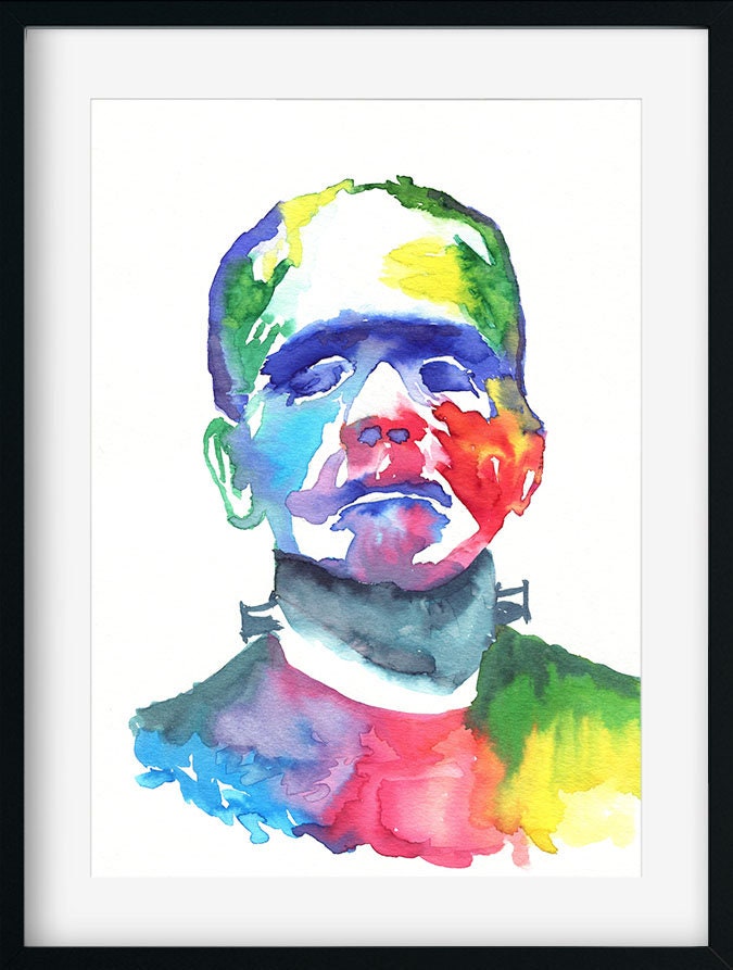 Frankenstein rainbow hand painted watercolor painting 9x12, Halloween artwork, spooky wall art