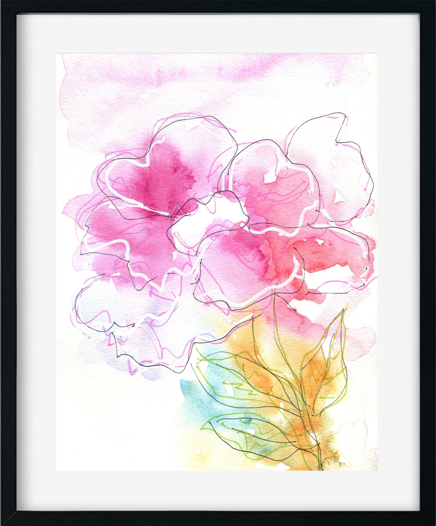 Pink abstract hand painted watercolor flower painting 6x9, line and wash artwork, whimsical mixed media flower art