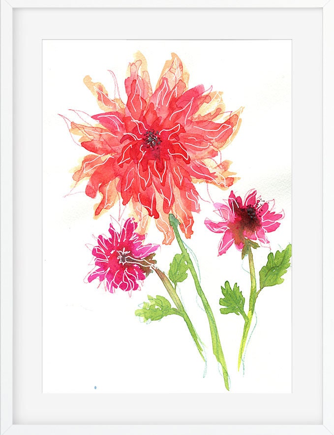 Hot pink dahlias hand painted original watercolor painting 9x12, garden botanical artwork, bright floral wall art