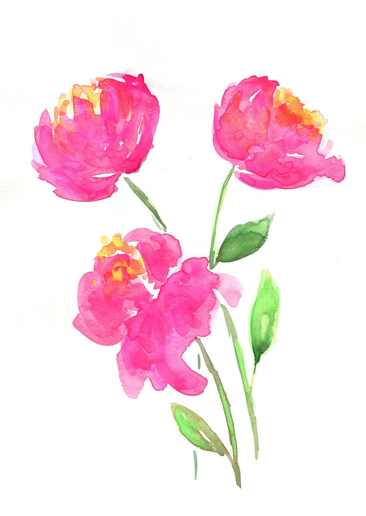 Hot pink peony flower hand painted original watercolor painting 9x12, botanical garden flower watercolor painting