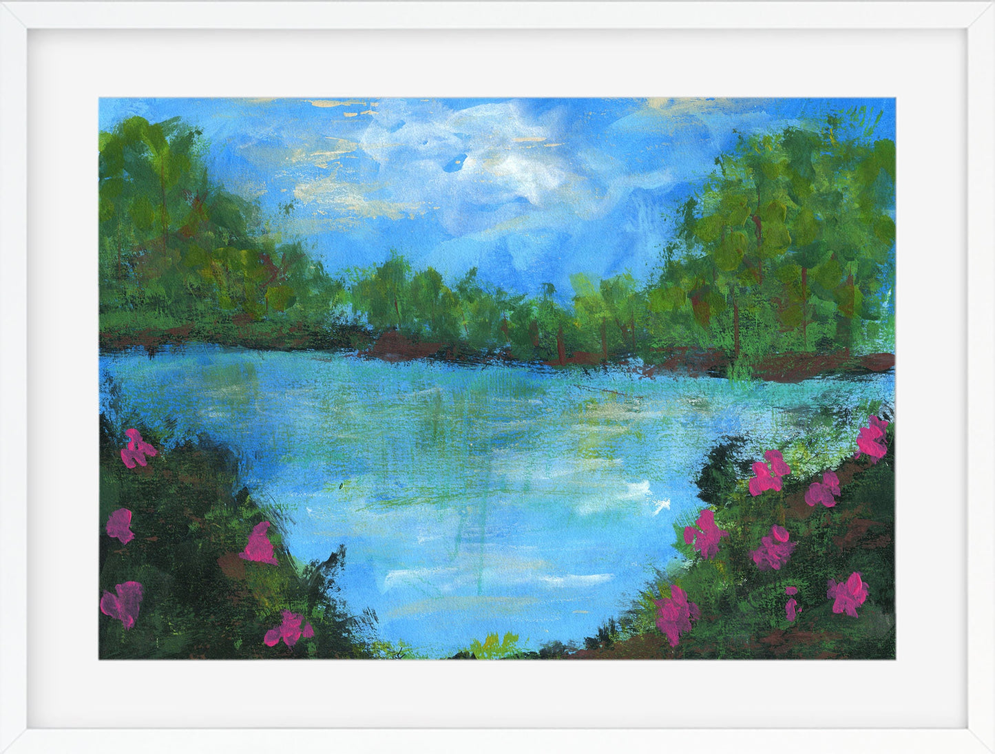 Abstract lake landscape painting on paper 9x12, vibrant wall hanging, hand painted original artwork