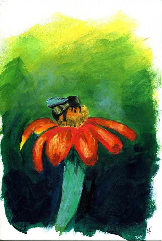 Bumble bee on a flower hand painted acrylic painting on paper 6x9, impressionism painting, original painting not a print