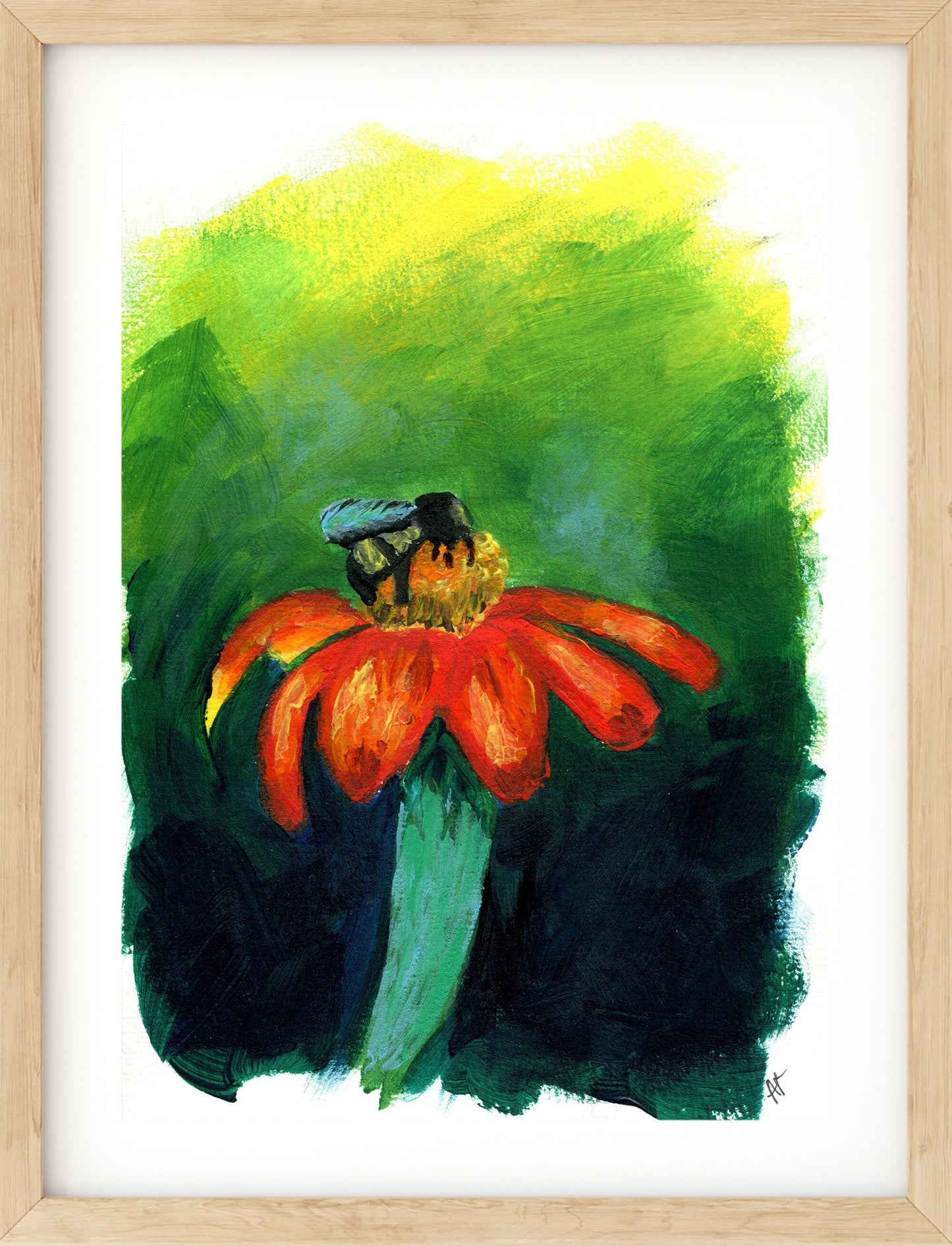 Bumble bee on a flower hand painted acrylic painting on paper 6x9, impressionism painting, original painting not a print