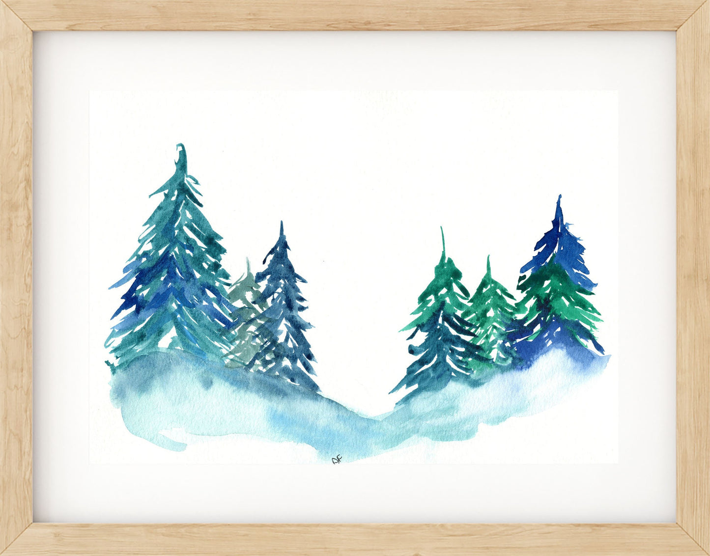 Misty pine trees hand painted landscape watercolor wall art 9x12, evergreens in a winter landscape original painting