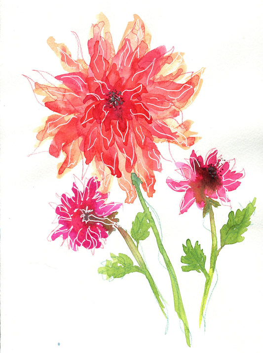 Hot pink dahlias hand painted original watercolor painting 9x12, garden botanical artwork, bright floral wall art