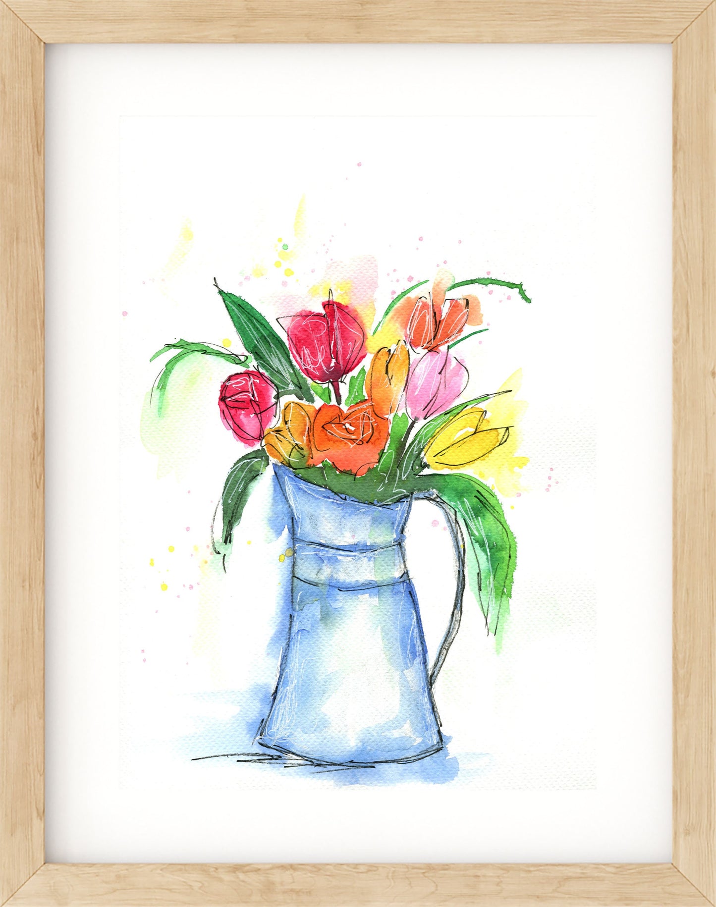 Tulips in a vase original hand painted watercolor painting 9x12, line and wash tulip wall art, tulips in an old fashion water pitcher