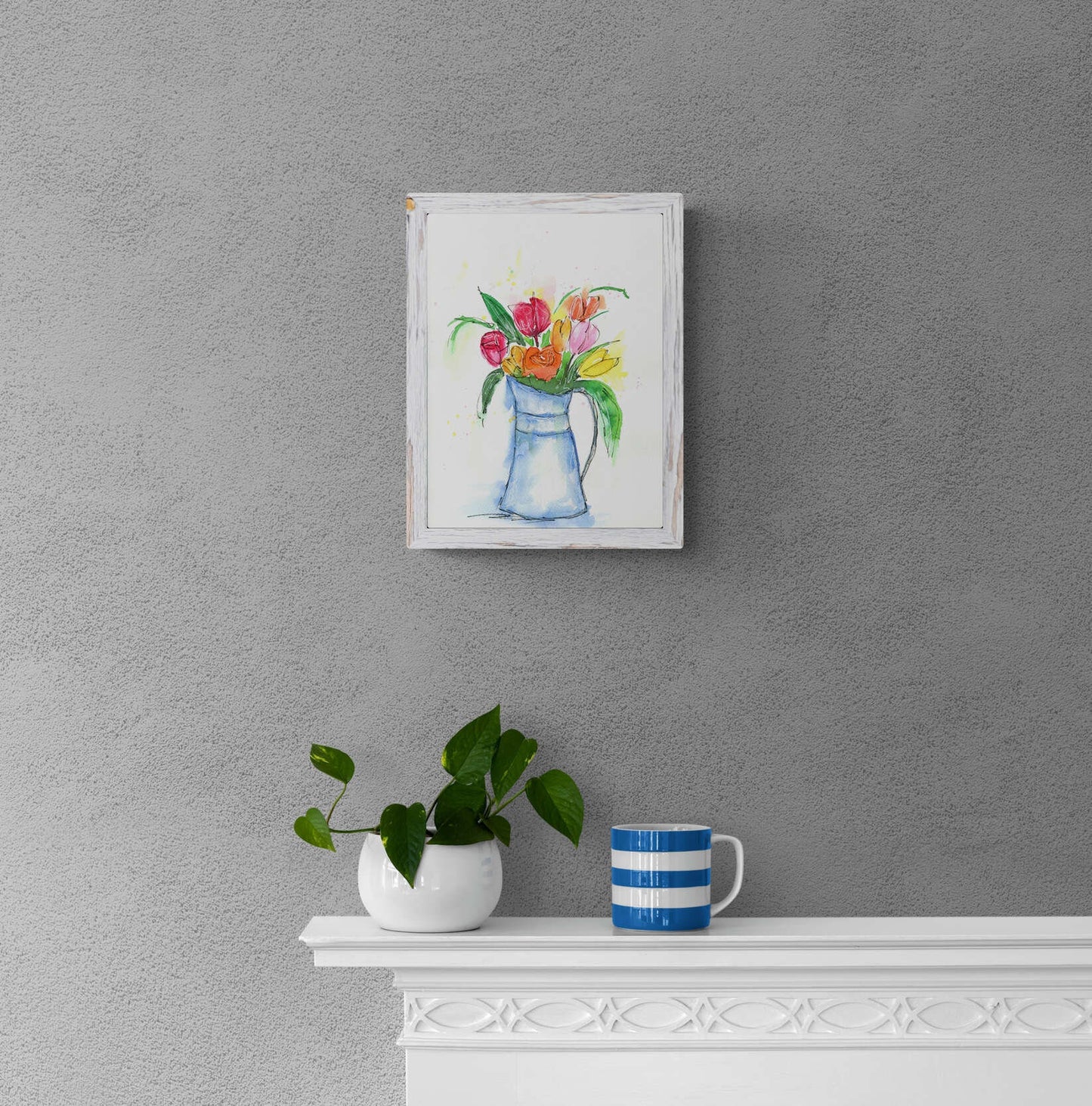 Tulips in a vase original hand painted watercolor painting 9x12, line and wash tulip wall art, tulips in an old fashion water pitcher