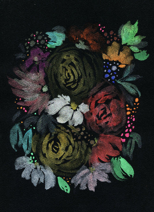 Metallic watercolor painting of flowers 9x12, hand painted original metallic watercolor painting on black paper