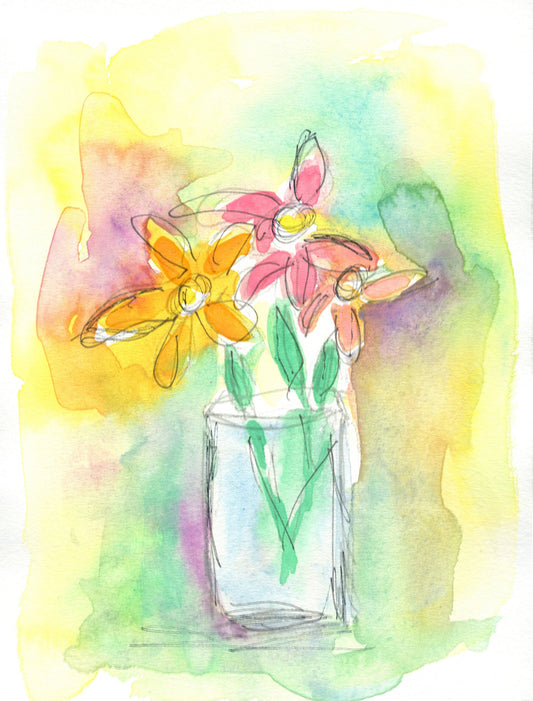 Pastel colored flowers in a vase watercolor painting 6x8, hand painted spring flower original artwork, ink and wash wall art