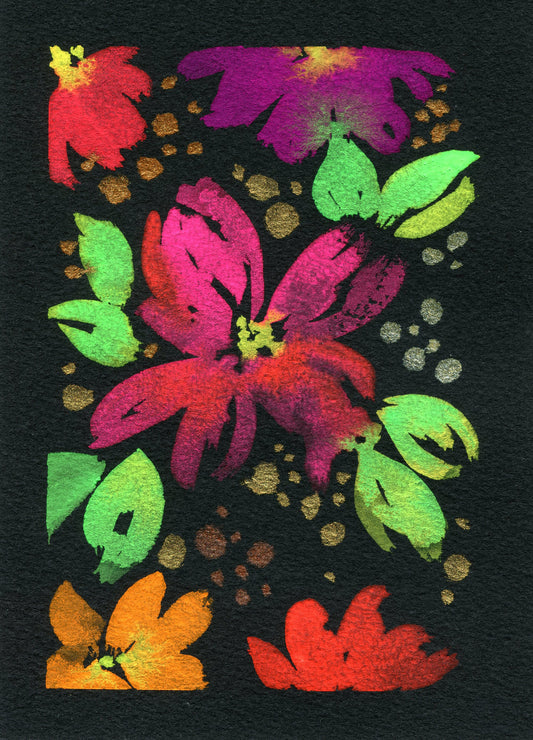 Neon and metallic hand painted flowers original watercolor painting on black paper 5x7, unique wall decor on paper ready to frame