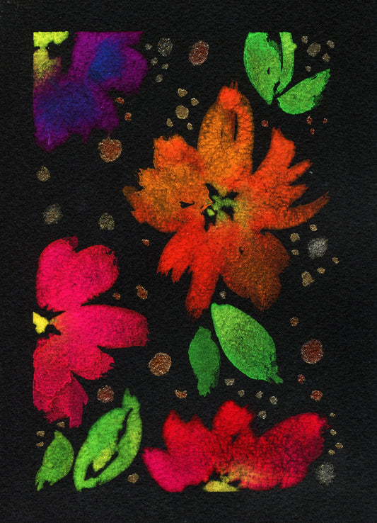 Neon and metallic flowers original hand painted watercolor painting on black paper, 5x7 unique wall decor on paper ready to frame