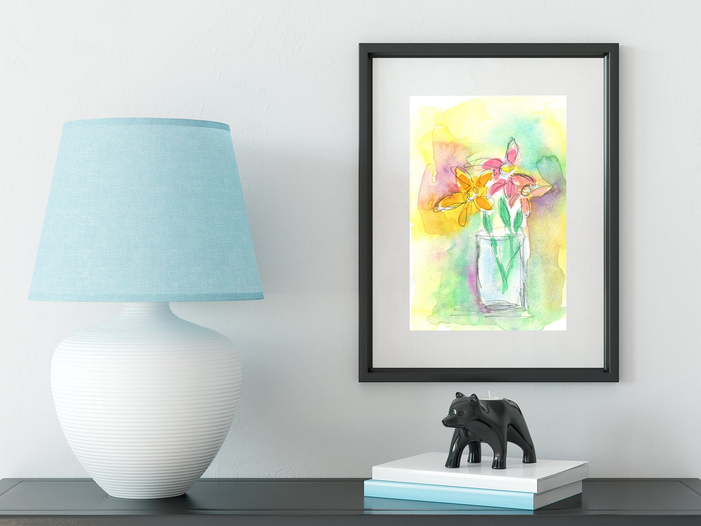 Pastel colored flowers in a vase watercolor painting 6x8, hand painted spring flower original artwork, ink and wash wall art