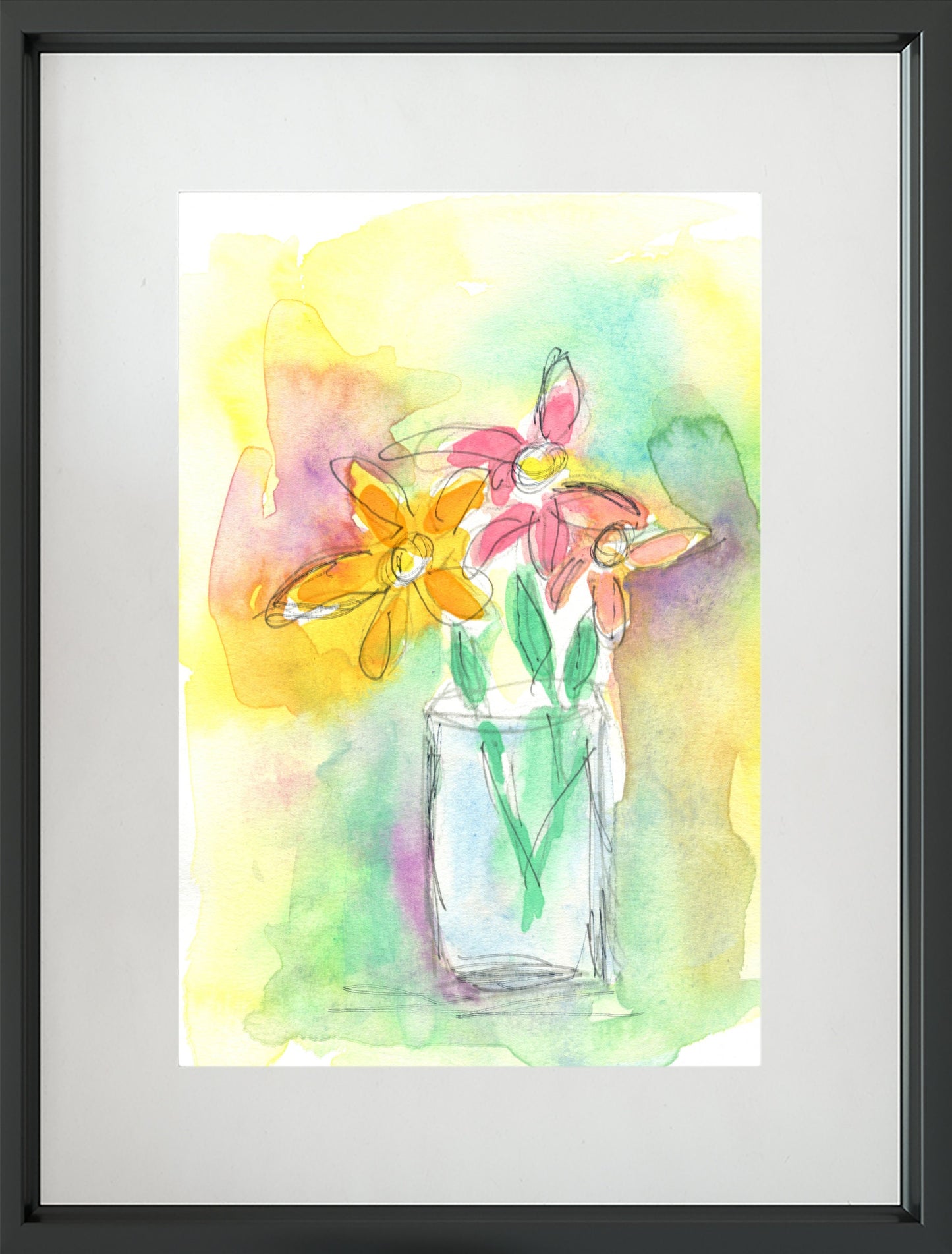 Pastel colored flowers in a vase watercolor painting 6x8, hand painted spring flower original artwork, ink and wash wall art