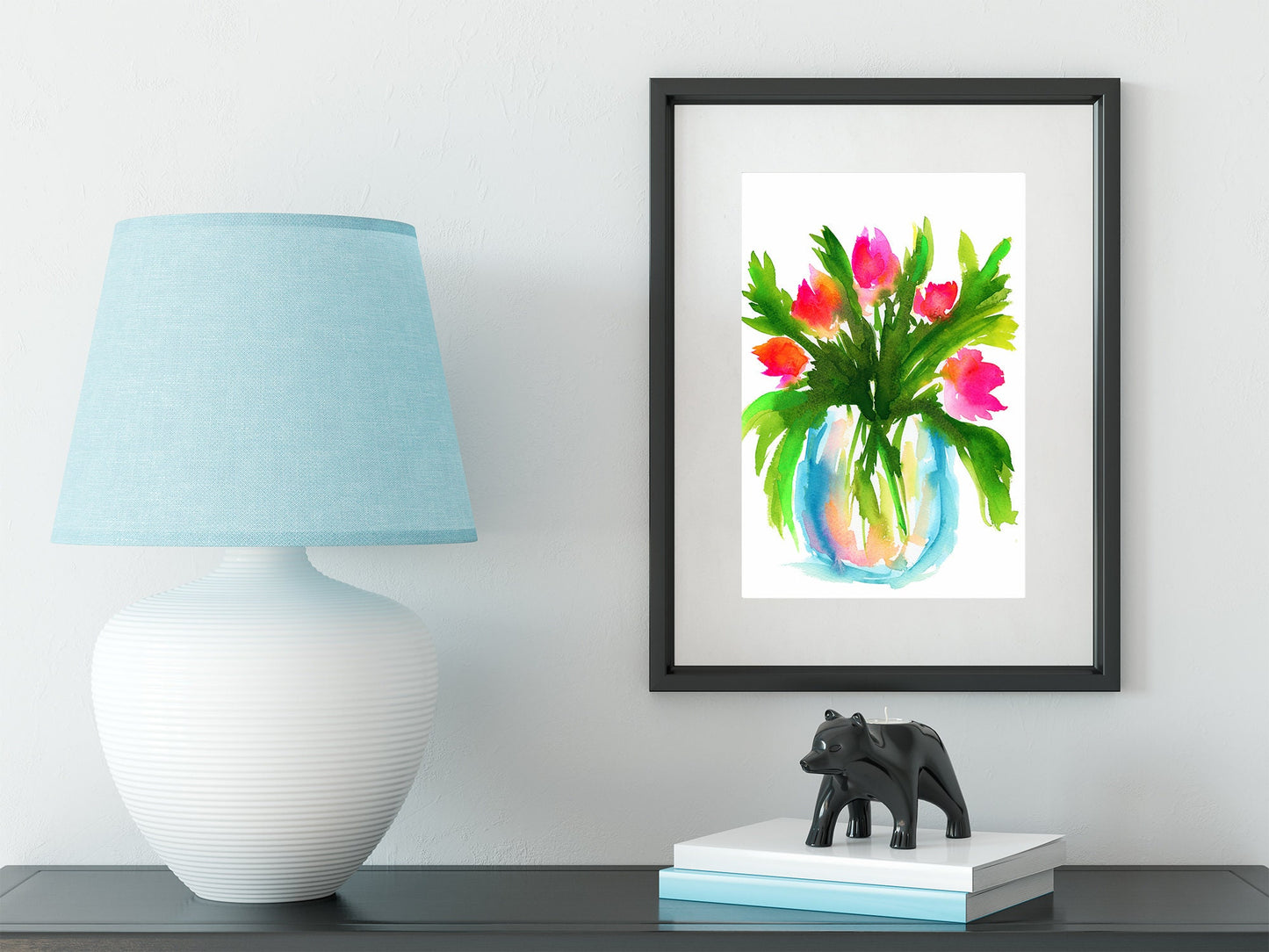 Tulips hand painted watercolor painting on paper 9x12, flowers in a water filled vase original artwork, botanical farmhouse style wall art