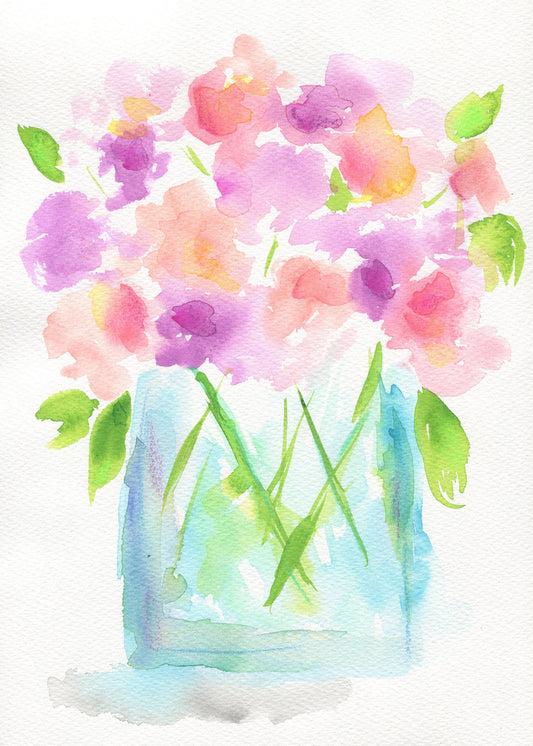 Sweet pea flowers in a vase watercolor painting 9x12, hand painted original watercolor on paper, still life botanical painting