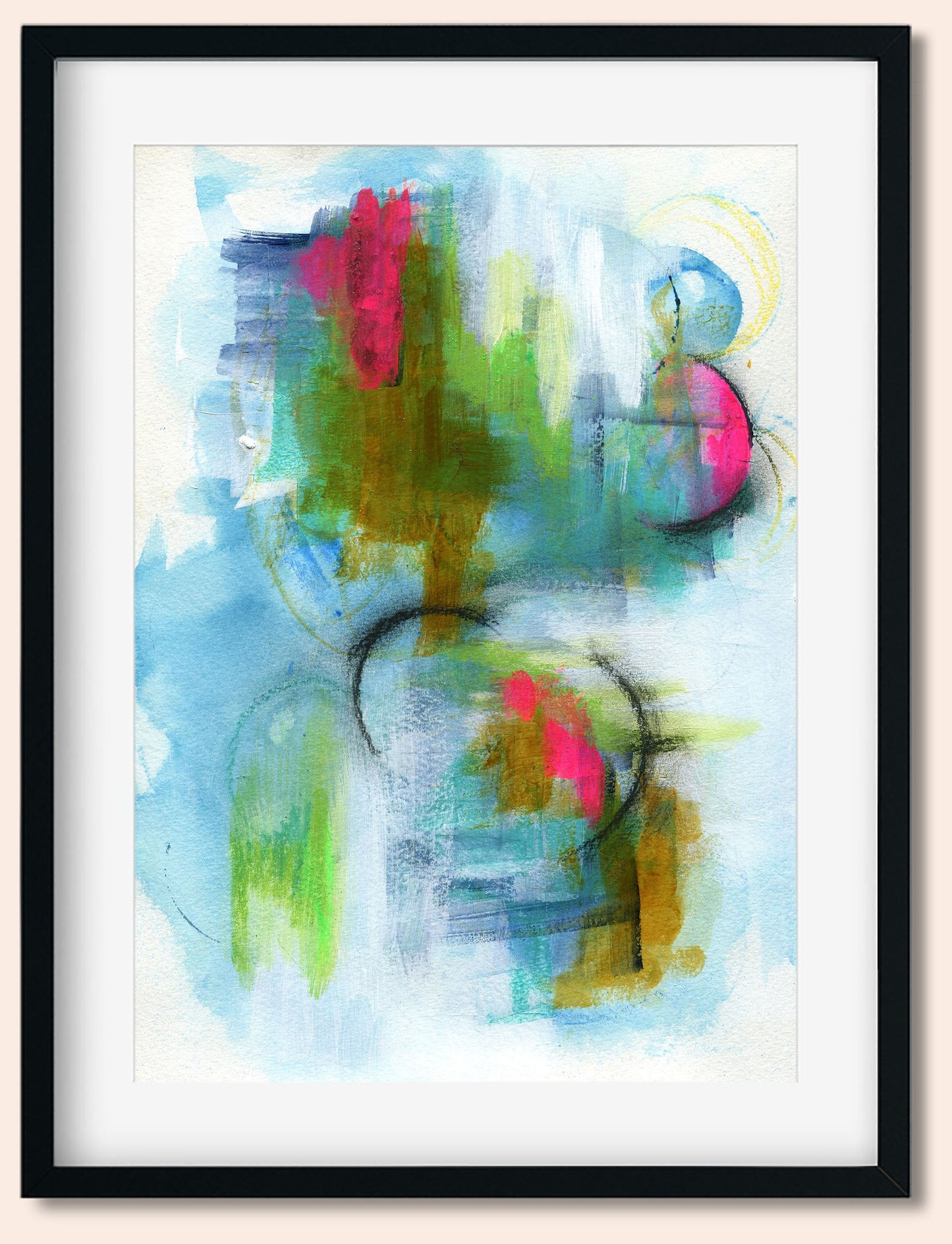 Abstract mixed media original painting on paper 9x12, hand painted abstract blue mark making wall art