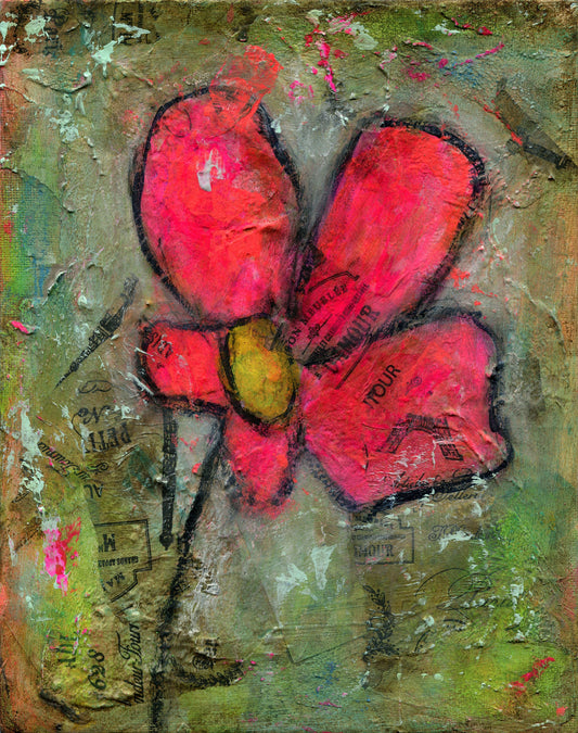 Pink abstract flower garden mixed media painting 8x10, original art acrylic and watercolor painting