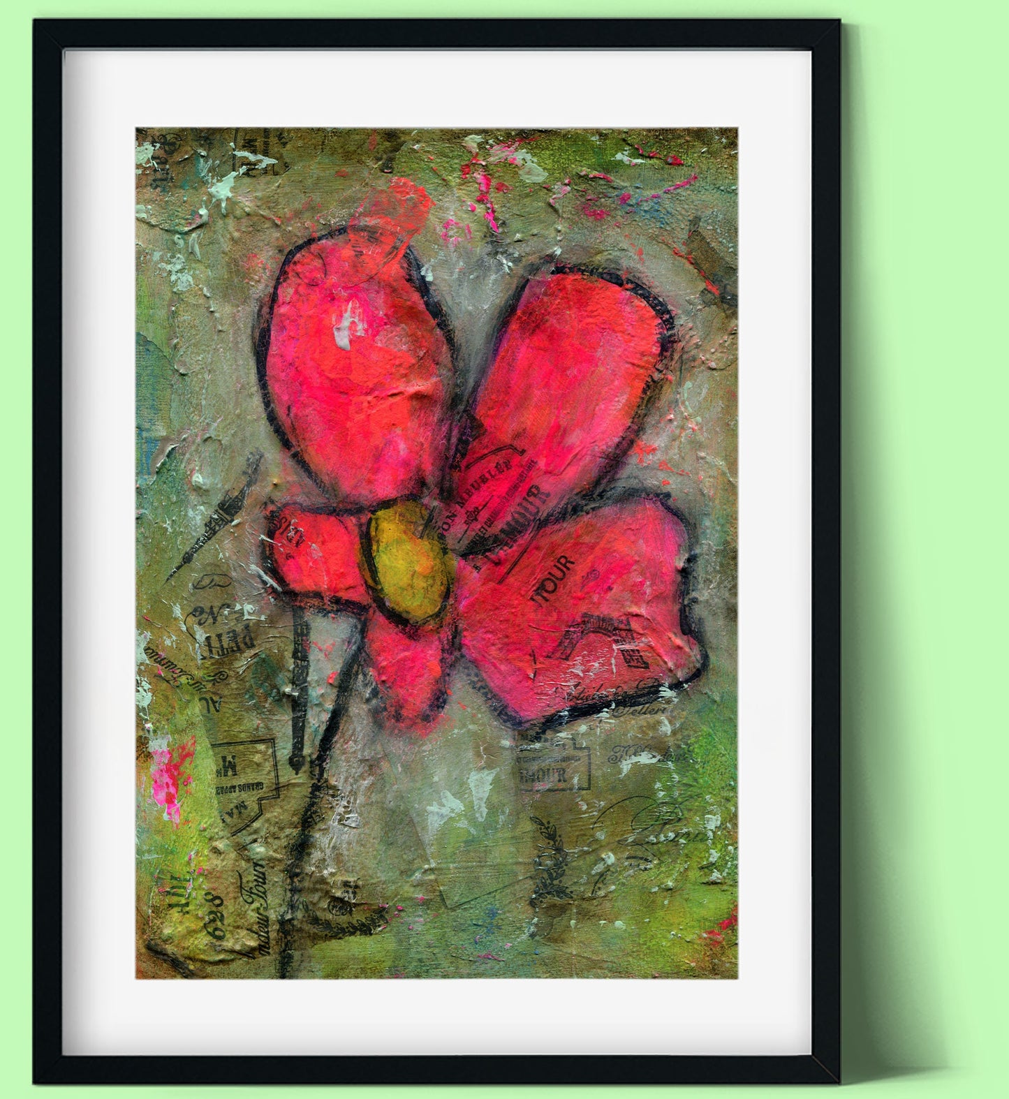 Pink abstract flower garden mixed media painting 8x10, original art acrylic and watercolor painting