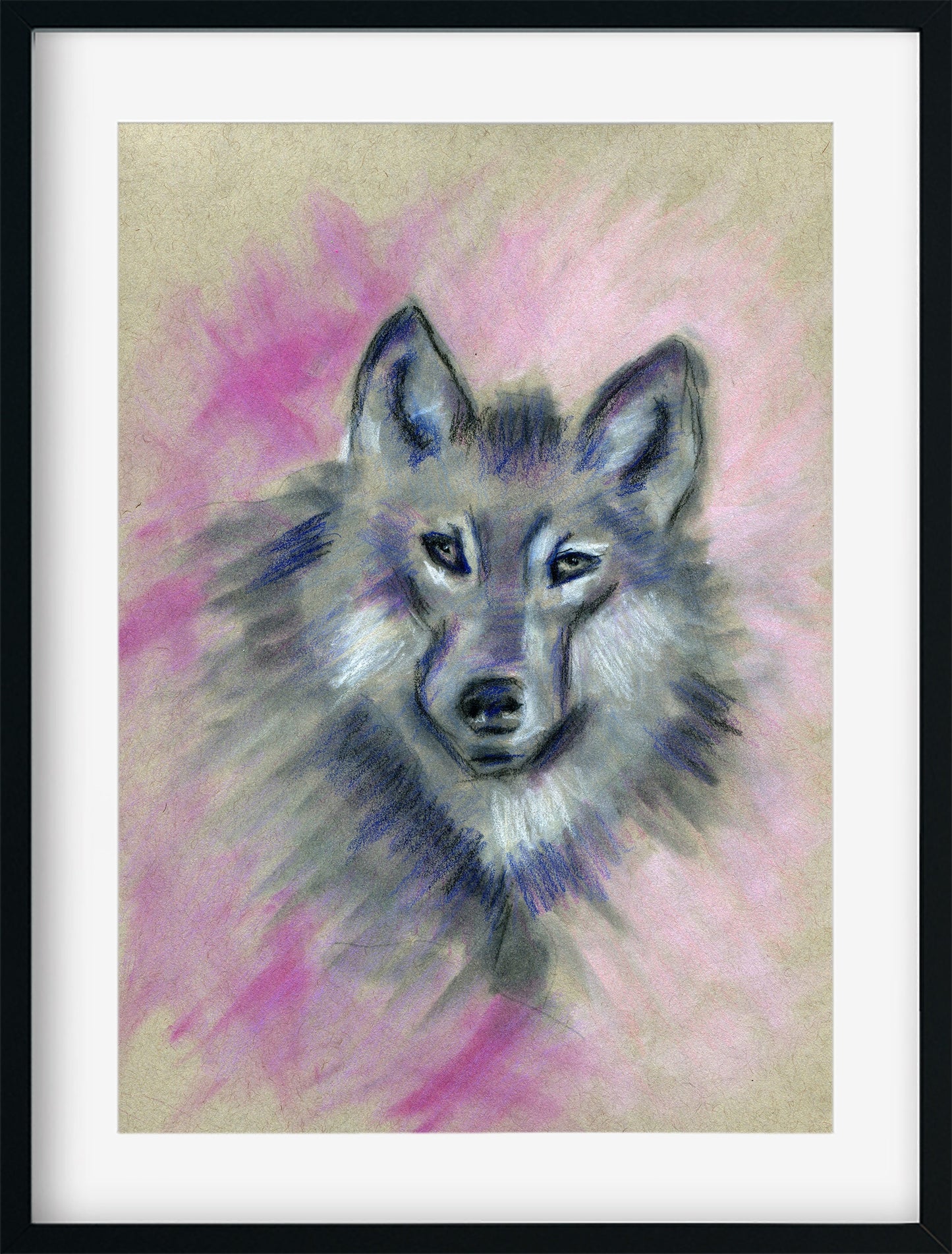 Wolf mixed media drawing 9x12, woodland animal nursery drawing, original pastel, charcoal and colored pencil