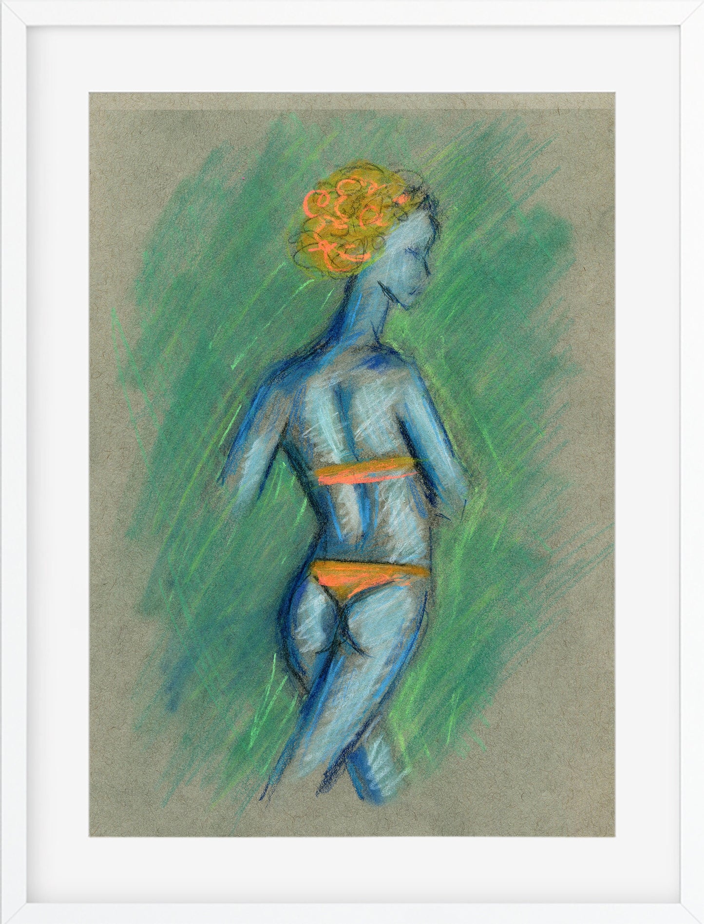 Expressive female form original soft pastel and colored pencil drawing 9x12, old school pin up girl wall art